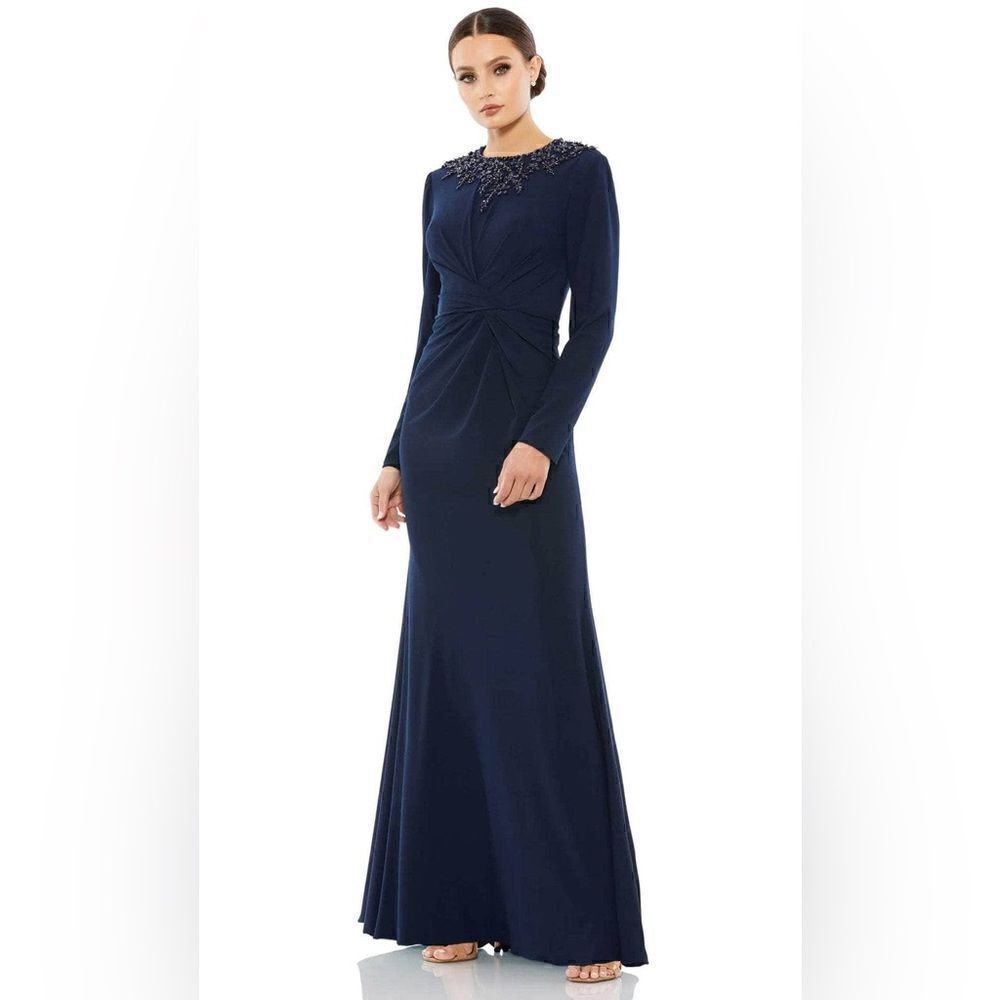MAC DUGGAL 55713 BEADED HIGH NECK FRONT TWIST LONG SLEEVE TRUMPET GOWN 12 NWT